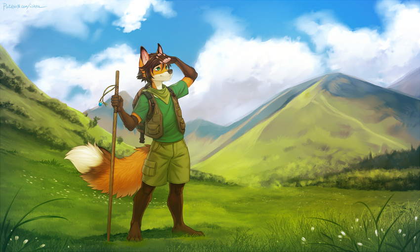 bandanna barefoot brown_hair canine clothed clothing cloud fox grass green_eyes hair hiking hill invalid_color iskra male mammal shirt shorts sky solo staff stick vest