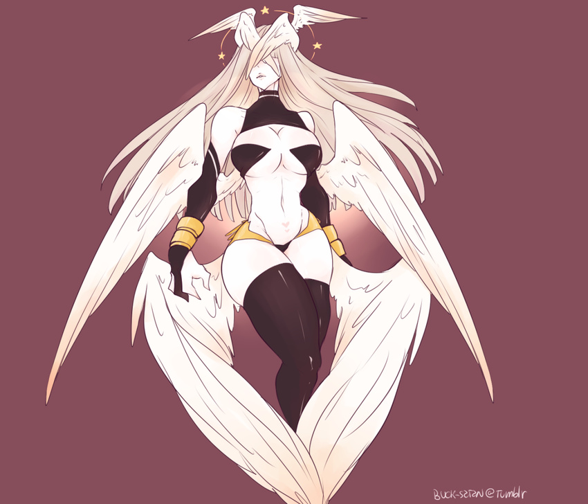 angel angel_wings black_legwear breasts buck-satan commentary covered_eyes english_commentary facing_viewer gold_trim halo head_wings heart_tattoo large_breasts limited_palette long_hair multiple_wings navel original parted_lips pink_hair purple_background seraph simple_background skin_tight solo tattoo thighhighs tumblr_username white_wings wings