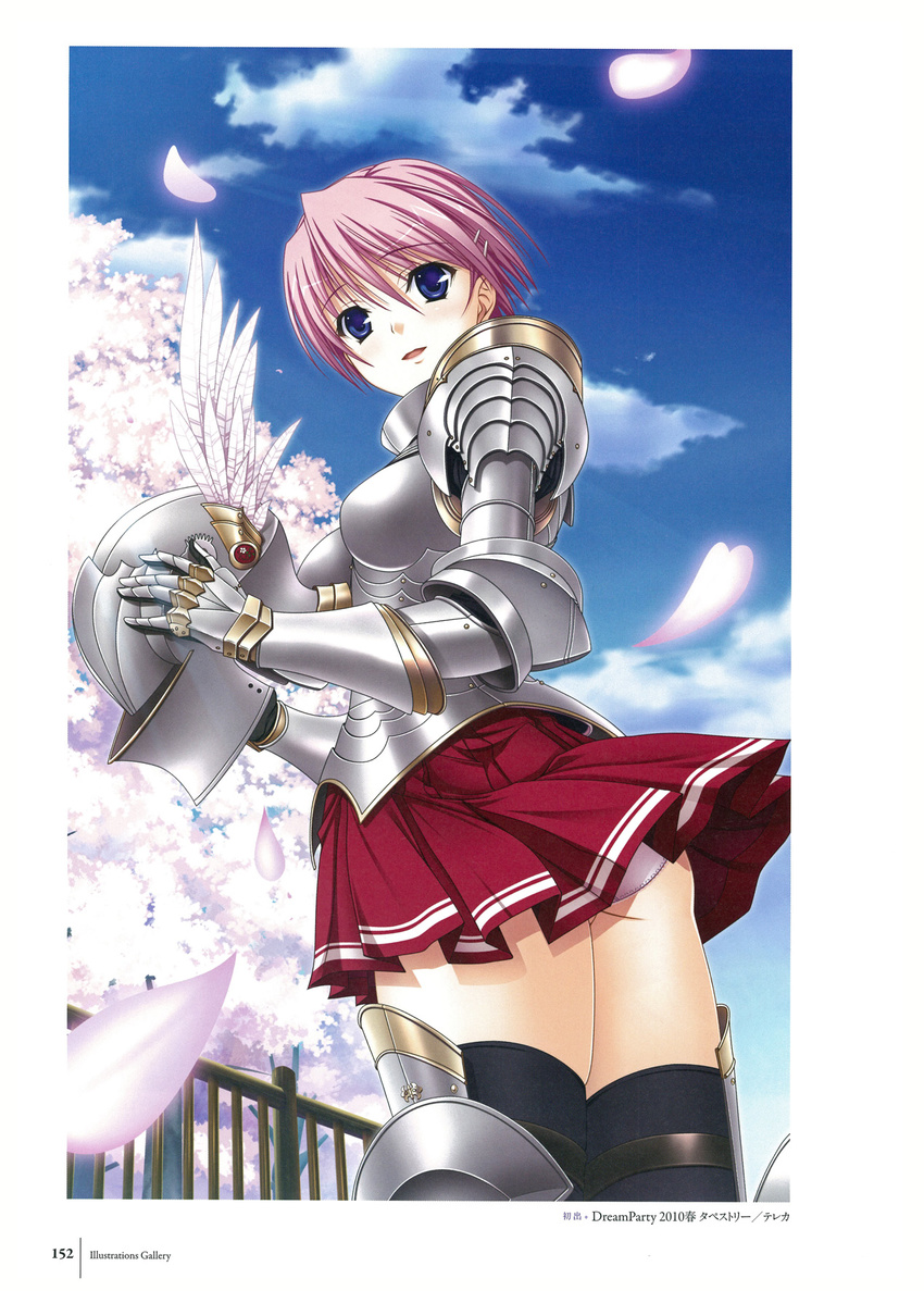 armor armored_boots bangs black_legwear blue_eyes boots cherry_blossoms cloud day eyebrows_visible_through_hair gauntlets hair_ornament hairclip helmet highres holding kisaki_mio komori_kei looking_at_viewer non-web_source official_art open_mouth outdoors panties petals pink_hair pleated_skirt red_skirt scan short_hair skirt sky solo thighhighs underwear walkure_romanze