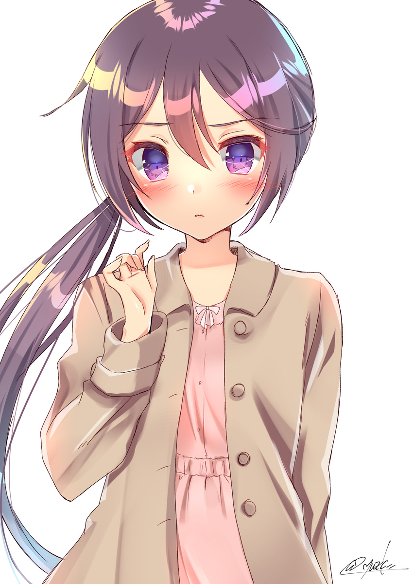 absurdres akebono_(kantai_collection) alternate_costume brown_jacket buttons dress hair_between_eyes highres jacket kantai_collection long_hair long_sleeves pink_dress purple_eyes purple_hair side_ponytail signature simple_background solo very_long_hair white_background yuuzaki