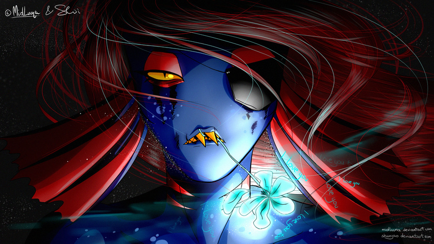 anthro english_text eye_patch eyewear female fish hair long_hair marine midluuna red_hair shiinyao_(artist) solo text undertale undyne video_games