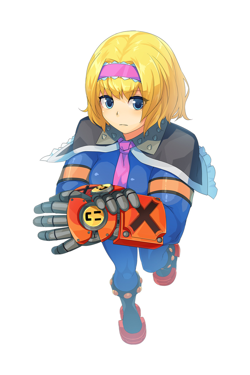 alice_margatroid bangs blonde_hair blue_eyes boots breasts capelet closed_mouth commentary_request cookie_(touhou) cosplay expressionless eyebrows_visible_through_hair full_body gauntlets guilty_gear guilty_gear_xrd hairband highres looking_at_viewer medium_breasts necktie pink_neckwear potemkin_(guilty_gear) potemkin_(guilty_gear)_(cosplay) sakuranbou_(cookie) short_hair solo standing tarmo touhou transparent_background