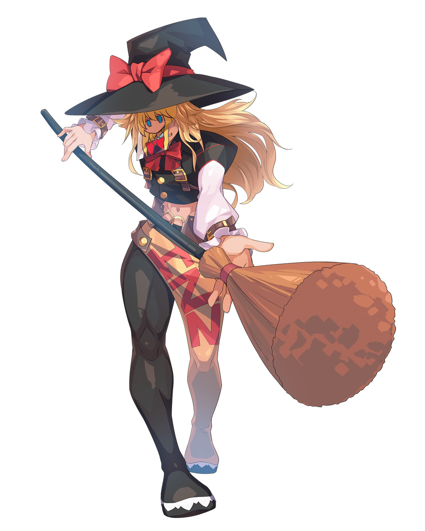 belt black_hat blonde_hair bow bowtie broom commentary_request cookie_(touhou) cosplay full_body guilty_gear guilty_gear_xrd hat hat_bow highres holding holding_broom kirisame_marisa long_hair long_sleeves male_focus midriff navel red_bow red_neckwear sidelocks solo standing stomach tarmo touhou transparent_background venom_(guilty_gear) venom_(guilty_gear)_(cosplay) witch_hat