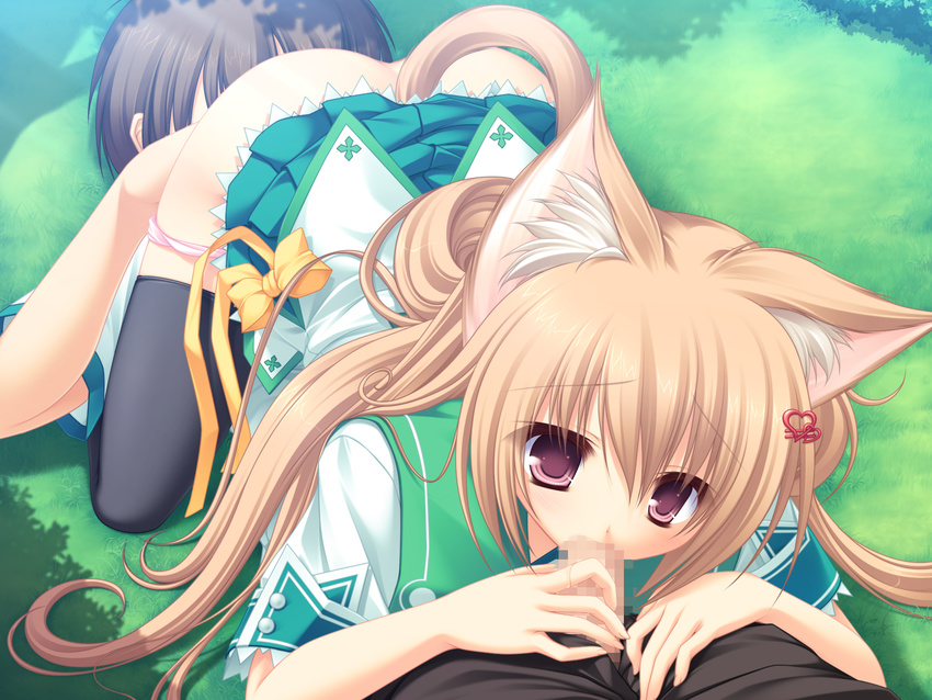 1girl 69 animal_ears black_legwear bow brown_hair cat_ears censored cunnilingus day fellatio game_cg grass green_skirt hair_ornament hairclip heart heart_hair_ornament hetero highres long_hair lying mikagami_mamizu miniskirt mosaic_censoring neko_koi! oral outdoors panties panty_pull penis penis_grab pink_eyes pink_panties ryuudou_misaki school_uniform shirt short_hair skirt tail thighhighs tree_shade underwear very_long_hair white_shirt yellow_bow