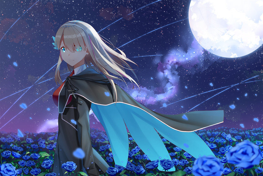 blonde_hair blue_eyes blue_flower capelet field flower glowing glowing_eyes hair_ornament hairband highres ji_dao_ji lexington_(cv-16)_(zhan_jian_shao_nyu) looking_at_viewer moon necktie night night_sky red_neckwear sky smile solo star_(sky) starry_sky wind wind_lift zhan_jian_shao_nyu