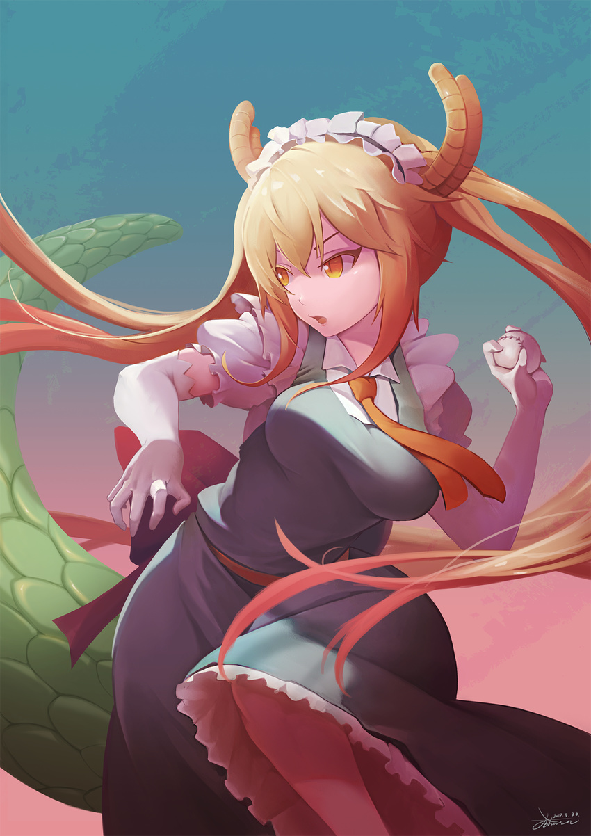 baseball blonde_hair bouncing_breasts breasts collared_shirt crow_aberdeen dated dragon_girl dragon_horns dragon_tail gloves highres horns kobayashi-san_chi_no_maidragon long_hair maid maid_headdress medium_breasts necktie open_mouth puffy_short_sleeves puffy_sleeves red_neckwear shirt short_sleeves signature slit_pupils solo tail throwing tooru_(maidragon) twintails white_gloves