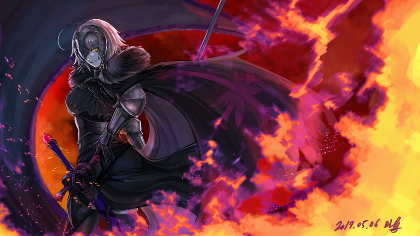 armor breasts cape fate/grand_order fate_(series) flag fur_trim gauntlets grin highres jeanne_d'arc_(alter)_(fate) jeanne_d'arc_(fate)_(all) large_breasts looking_at_viewer mhg_(hellma) sheath sheathed short_hair smile solo sword teeth weapon yellow_eyes
