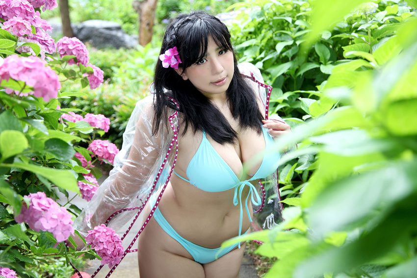 1girl asian bikini black_hair blue_bikini boots breasts chouzuki_maryou female flower hydrangea large_breasts long_hair photo plump raincoat solo swimsuit