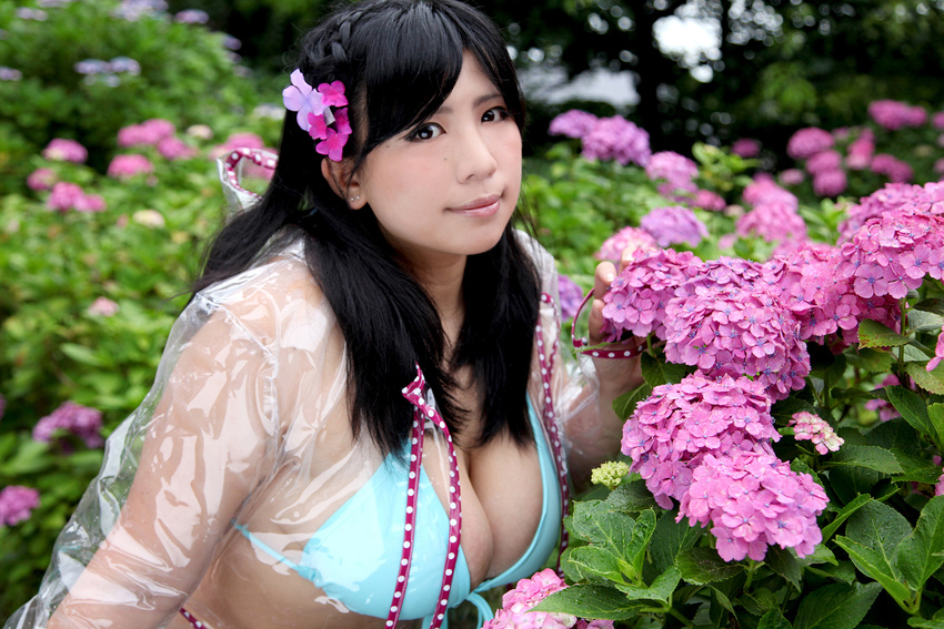 1girl asian bikini black_hair blue_bikini boots breasts chouzuki_maryou female flower hydrangea large_breasts long_hair photo plump raincoat solo swimsuit