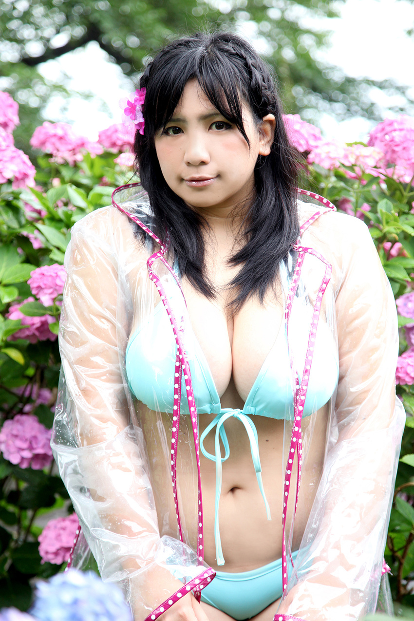 1girl asian bikini black_hair blue_bikini boots breasts chouzuki_maryou female flower hydrangea large_breasts long_hair photo plump raincoat solo swimsuit