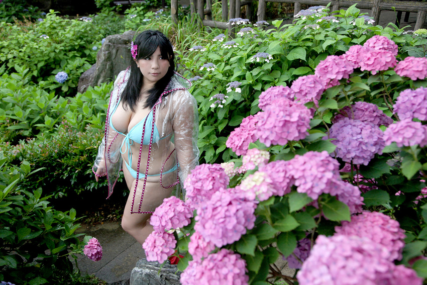 1girl asian bikini black_hair blue_bikini boots breasts chouzuki_maryou female flower hydrangea large_breasts long_hair photo plump raincoat solo swimsuit