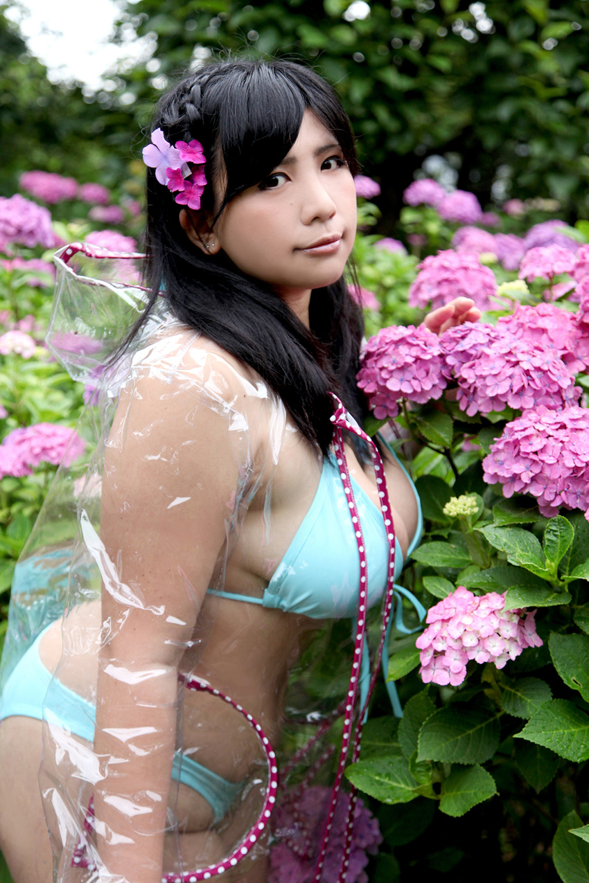 1girl asian bikini black_hair blue_bikini boots breasts chouzuki_maryou female flower hydrangea large_breasts long_hair photo plump raincoat solo swimsuit