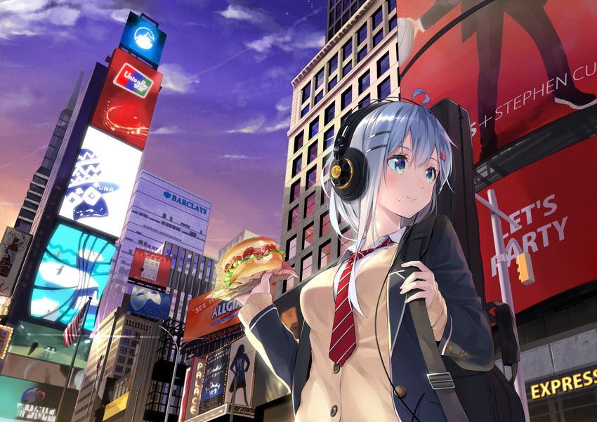 ahoge akg america american_flag behind_back billboard black_coat blue_eyes blue_hair blue_sky breasts brown_jacket building buttons city closed_mouth cloud coat collared_shirt commentary_request day eating food food_on_face from_below guitar_case hair_ornament hairclip hamburger headphones highres holding holding_food instrument_case jacket landmark lips long_hair long_sleeves looking_to_the_side medium_breasts meso-meso necktie new_york open_clothes open_coat original outdoors over_shoulder real_world_location reflection salad school_uniform shirt sky skyscraper sleeves_past_wrists smile solo striped striped_neckwear tareme times_square traffic_light upper_body white_shirt wing_collar wrapper
