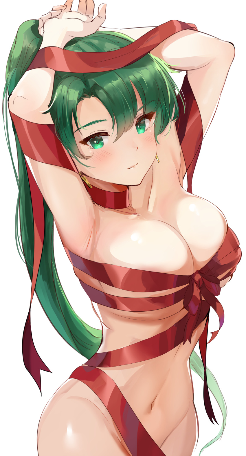1girl absurdres armpits arms_up bangs blush breasts cleavage closed_mouth collarbone convenient_censoring cowboy_shot earrings erect_nipples eyebrows_visible_through_hair fire_emblem fire_emblem:_rekka_no_ken green_eyes green_hair groin hand_on_own_head highres jewelry large_breasts long_hair looking_at_viewer lyndis_(fire_emblem) naked_ribbon navel nintendo ormille ponytail red_ribbon ribbon simple_background skindentation smile solo stomach very_long_hair white_background