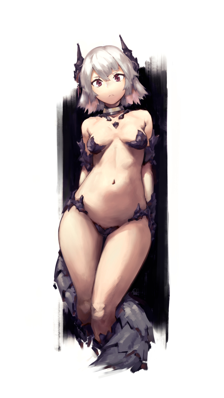 absurdres arms_behind_back breasts choker deel_(rkeg) dragon_girl dragon_horns dragon_tail highres horns original red_eyes short_hair silver_hair small_breasts solo tail thighs