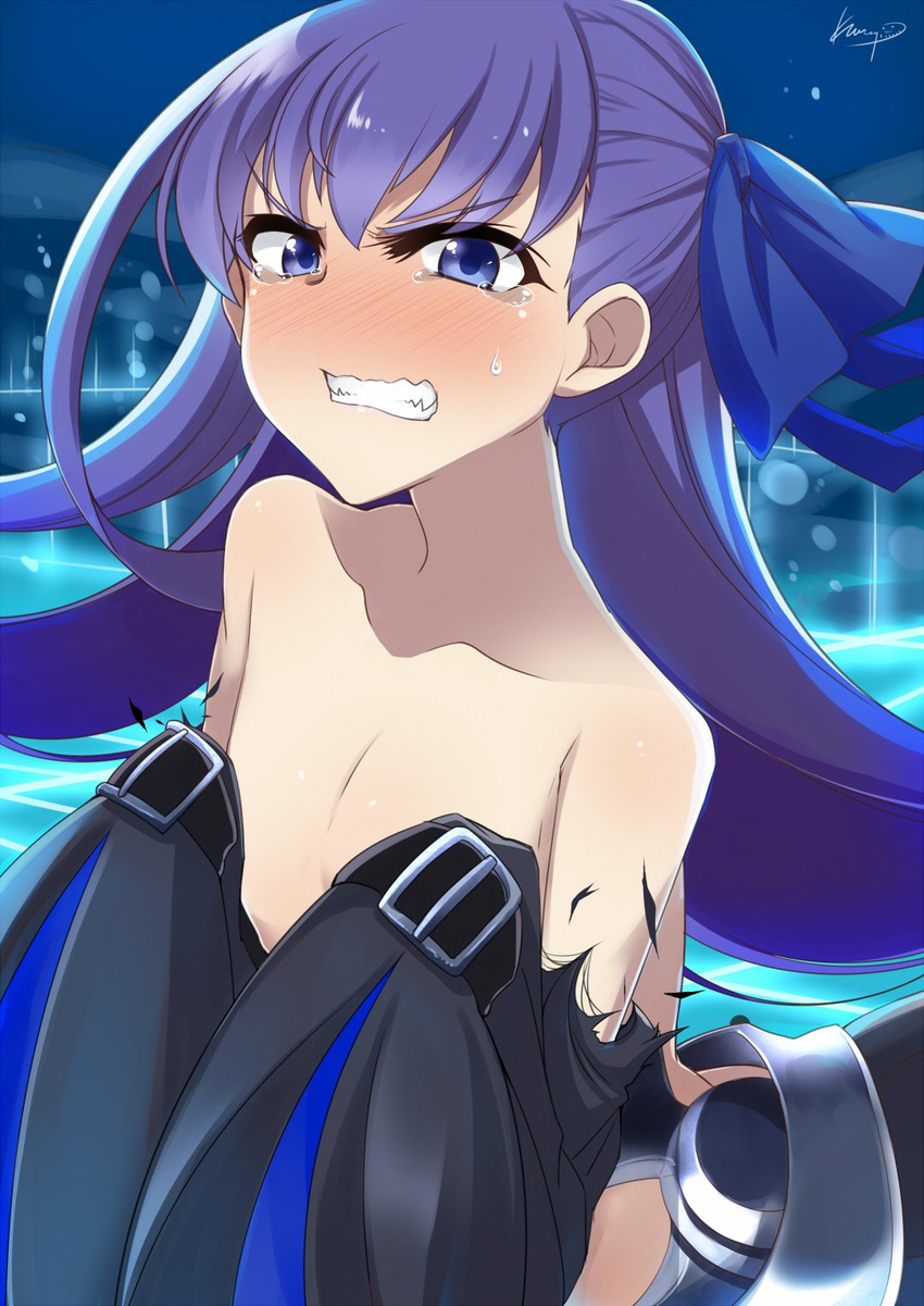 artist_name bare_shoulders blue_eyes blush clenched_teeth collarbone embarrassed fate/extra fate/extra_ccc fate/grand_order fate_(series) flat_chest hair_ribbon highres kurosawa_shouichi long_hair meltlilith no_bra purple_hair ribbon sleeves_past_wrists solo tears teeth torn_clothes