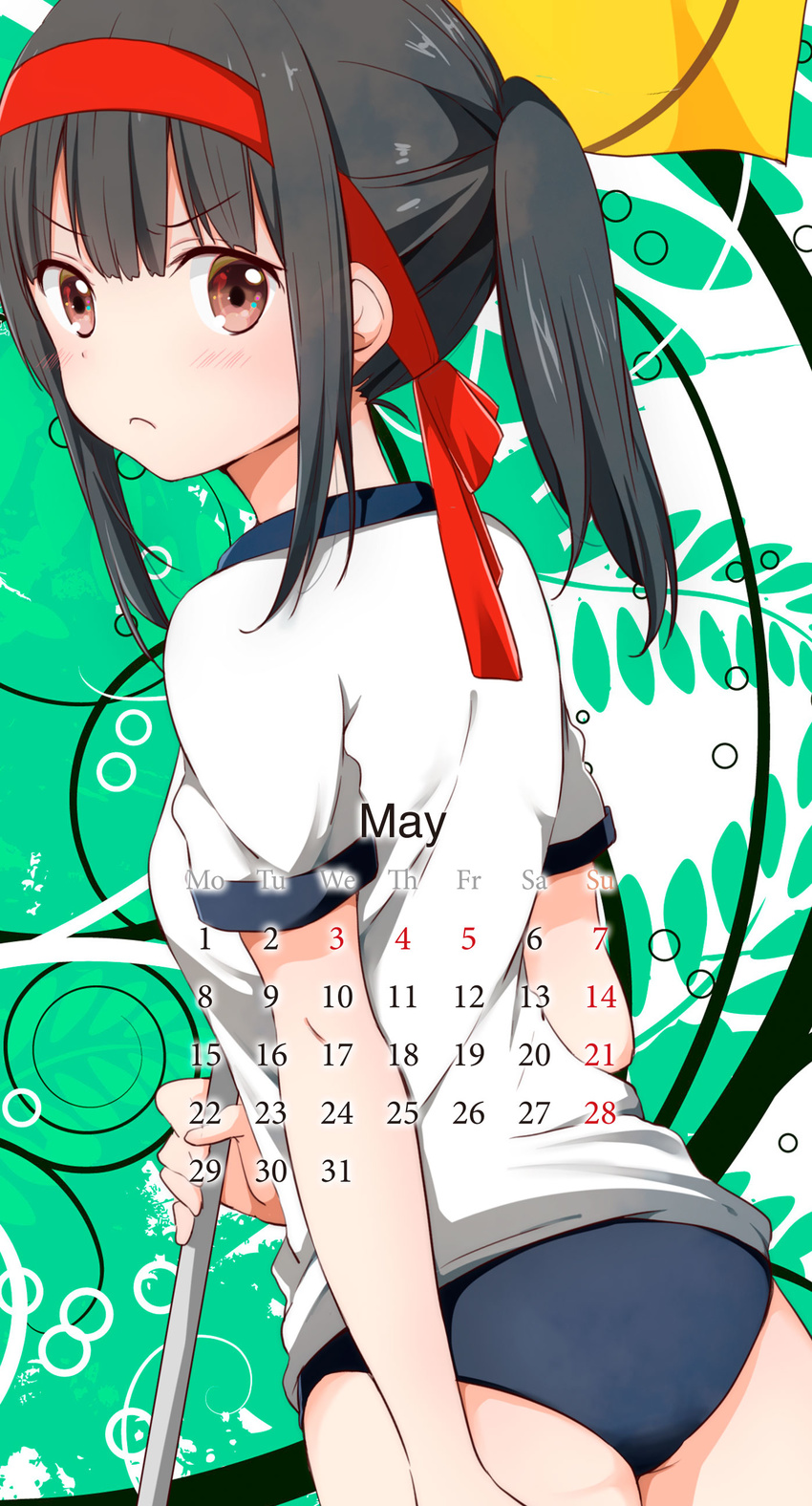 &gt;:( absurdres ass bangs black_hair blue_buruma blush brown_eyes buruma calendar_(medium) chijou_noko chikanoko closed_mouth commentary_request eyebrows_visible_through_hair flag frown gym_uniform headband highres holding holding_flag long_hair looking_at_viewer looking_back may ponytail ragho_no_erika school_uniform shirt short_sleeves sidelocks solo v-shaped_eyebrows white_shirt