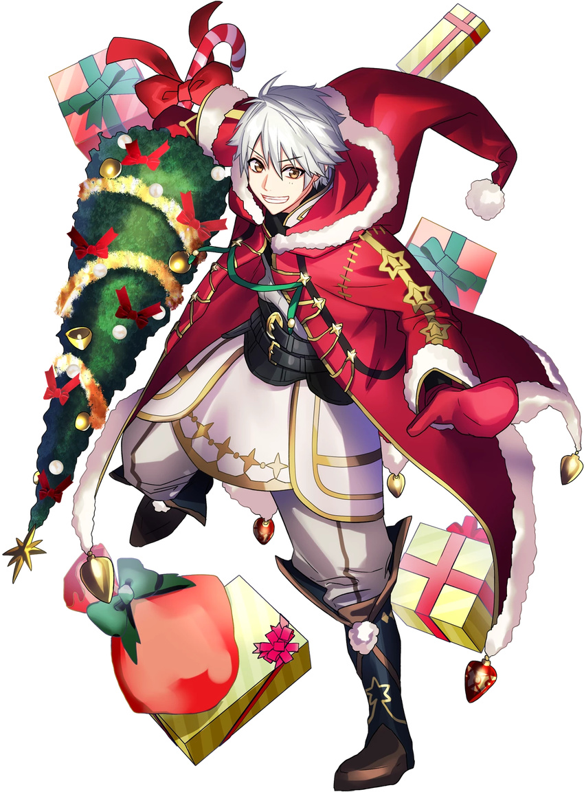cape christmas christmas_tree fire_emblem fire_emblem:_kakusei fire_emblem_heroes fujiwara_ryo full_body gift gloves hat highres hood looking_at_viewer male_focus male_my_unit_(fire_emblem:_kakusei) my_unit_(fire_emblem:_kakusei) official_art santa_hat smile solo transparent_background white_hair yellow_eyes