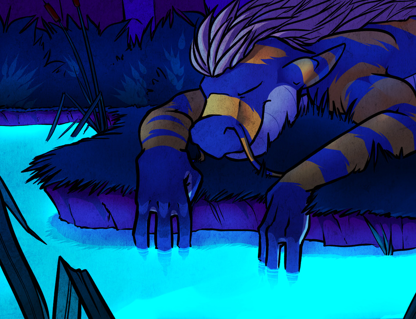 2017 4_fingers anthro blue_scales breezy bushes digital_media_(artwork) dragon eastern_dragon eyes_closed flesh_whiskers grass lake lying male multicolored_scales nude on_front outside scales scalie shockodile sleeping snout solo water whiskers white_scales yellow_scales