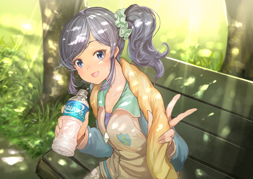 aikatsu! aikatsu!_(series) aquarius bench bottle collarbone dappled_sunlight drink grass kiriya_aoi koruse light_rays long_hair looking_at_viewer looking_to_the_side open_mouth park ponytail purple_hair scrunchie side_ponytail sitting smile solo sunlight sweat towel track_suit tree upper_body v