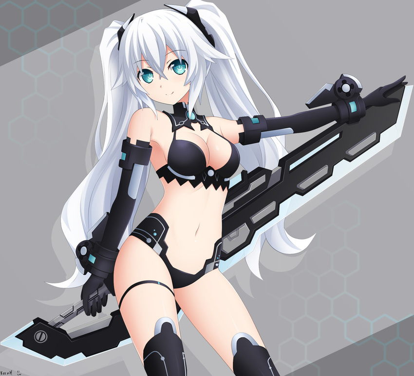 :3 aqua_eyes armpits artist_name bare_shoulders black_gloves black_heart black_legwear blush breasts bustier cleavage cleavage_cutout commentary contrapposto cowboy_shot elbow_gloves eyebrows_visible_through_hair gloves grey_background hair_between_eyes headgear hexagon highres holding holding_sword holding_weapon huge_weapon keenh long_hair medium_breasts midriff navel neptune_(series) outstretched_arm revealing_clothes smile solo standing sword symbol-shaped_pupils tareme thigh_strap thighhighs twintails weapon white_hair