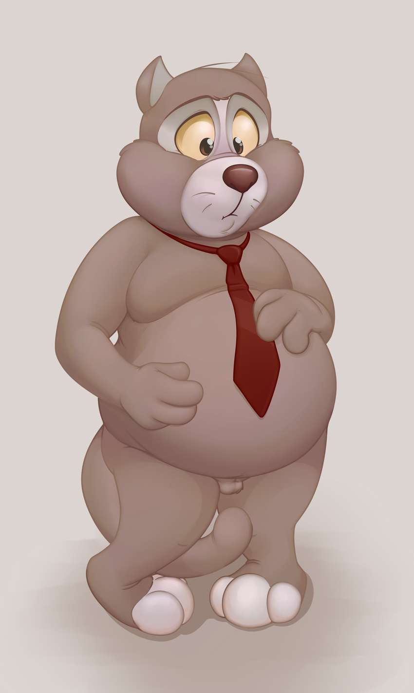 anthro balls belly cat disney douglas_benson feline front_view male mammal necktie neenya nude obese overweight overweight_male penis simple_background slightly_chubby small_penis solo standing talespin whiskers white_background