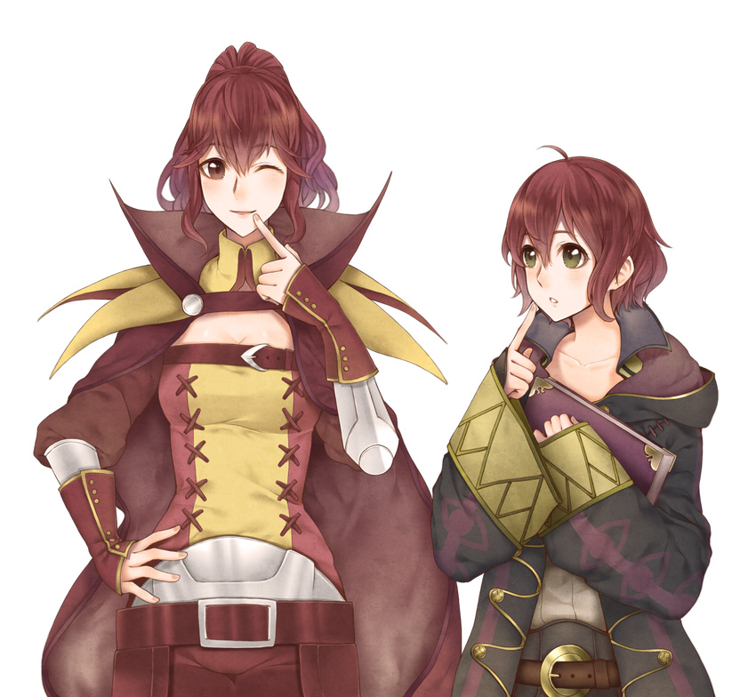 2girls ahoge anna_(fire_emblem) book cloak fire_emblem fire_emblem:_kakusei holding holding_book mark_(fire_emblem) multiple_girls no-shio one_eye_closed red_hair simple_background smile white_background