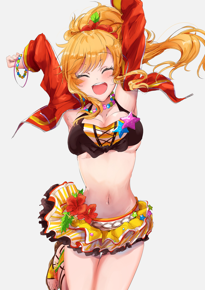 arms_up bangs bead_bracelet bead_necklace beads bikini_top black_bikini_top black_frills blonde_hair blush bracelet breasts cleavage closed_eyes collarbone commentary cross-laced_legwear eyebrows_visible_through_hair flower flower_ornament frilled_skirt frills front-tie_top hair_flower hair_ornament highres idolmaster idolmaster_cinderella_girls idolmaster_cinderella_girls_starlight_stage jacket jewelry leaf_hair_ornament leg_up long_hair medium_breasts midriff najuco_(naju0517) navel necklace ootsuki_yui open_clothes open_jacket open_mouth ponytail red_jacket sandals sidelocks simple_background skirt smile solo star striped striped_bikini_top striped_skirt thighs underboob yellow_bikini_top yellow_skirt