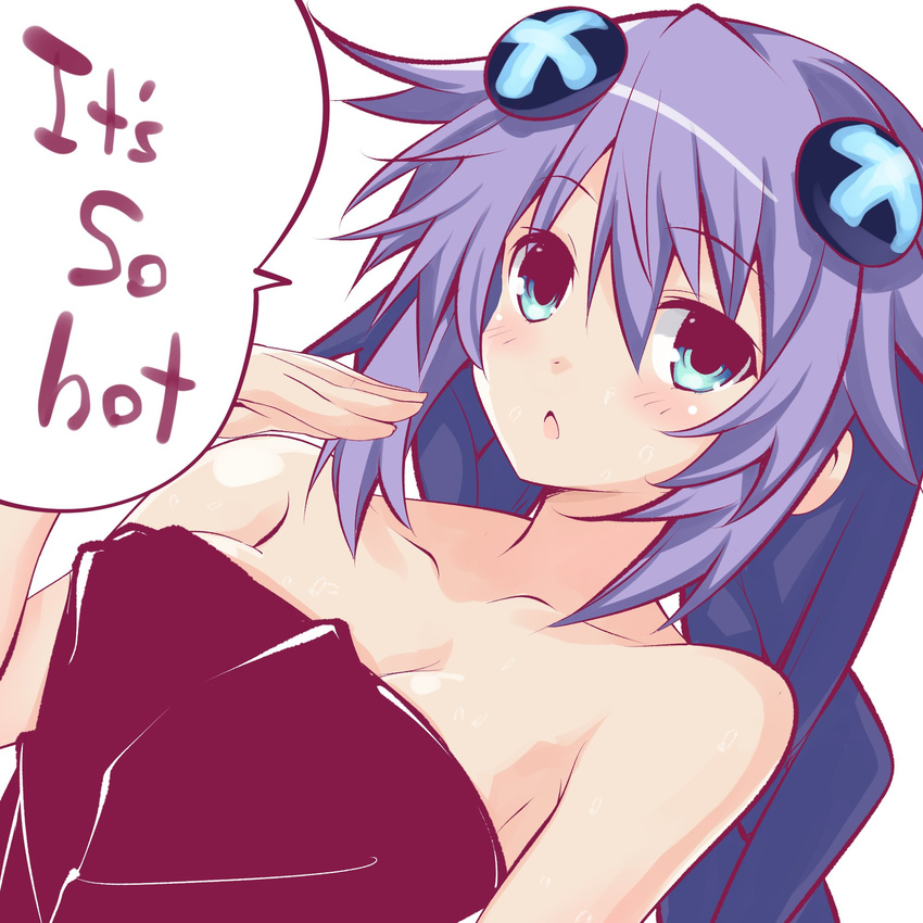 bare_shoulders blue_eyes blush braid breasts cleavage collarbone english hair_between_eyes hair_ornament highres iwasi-r large_breasts long_hair looking_at_viewer naked_towel neptune_(series) purple_hair purple_heart shiny shiny_hair shiny_skin simple_background smile speech_bubble text_focus towel twin_braids very_long_hair wet white_background