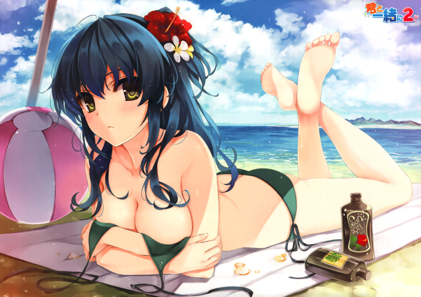 ball bikini blue_hair blush breast_hold breasts clouds flowers green_eyes kuroya_shinobu long_hair scan sky swimsuit water