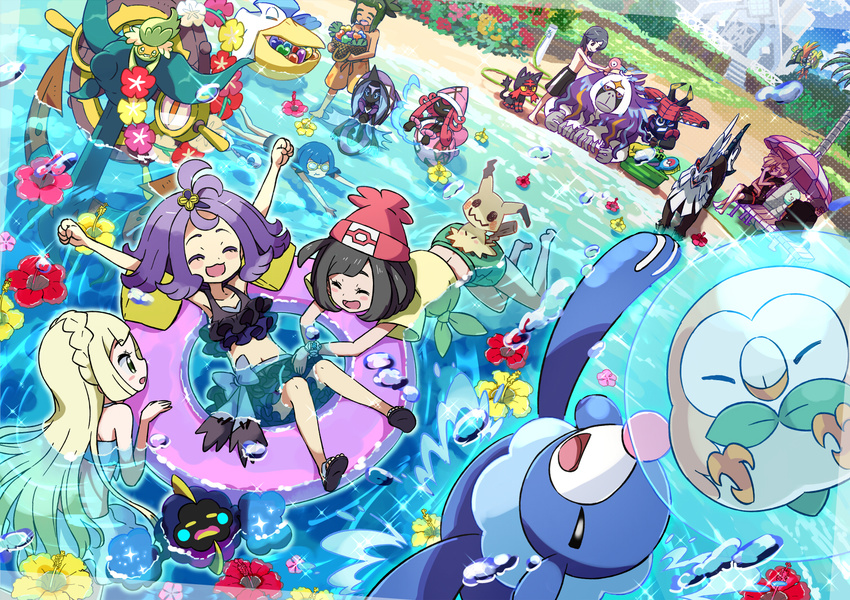 4girls ^_^ acerola_(pokemon) arms_up basket beach beanie bikini blush blush_stickers bubble character_request closed_eyes cosmog dark_skin day dhelmise elite_four flower frilled_bikini frills gen_3_pokemon gen_4_pokemon gen_7_pokemon gladio_(pokemon) goggles hair_dryer happy hat hau_(pokemon) hibiscus innertube kingin kuchinashi_(pokemon) lillie_(pokemon) litten male_swimwear midriff mimikyu mizuki_(pokemon) multiple_boys multiple_girls navel ocean one-piece_swimsuit open_mouth oranguru outdoors partially_submerged pelipper pokemon pokemon_(creature) pokemon_(game) pokemon_sm popplio porygon-z pose rowlet shirt shorts smile splashing suiren_(pokemon) swim_trunks swimsuit swimwear tapu_bulu tapu_fini tapu_koko tapu_lele topless trial_captain type:_null water you_(pokemon)