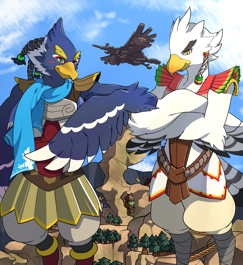 anthro avian beak bird breath_of_the_wild clothing duo feathers looking_down macro male mayar nintendo revali rito teba_(zelda) the_legend_of_zelda video_games wings