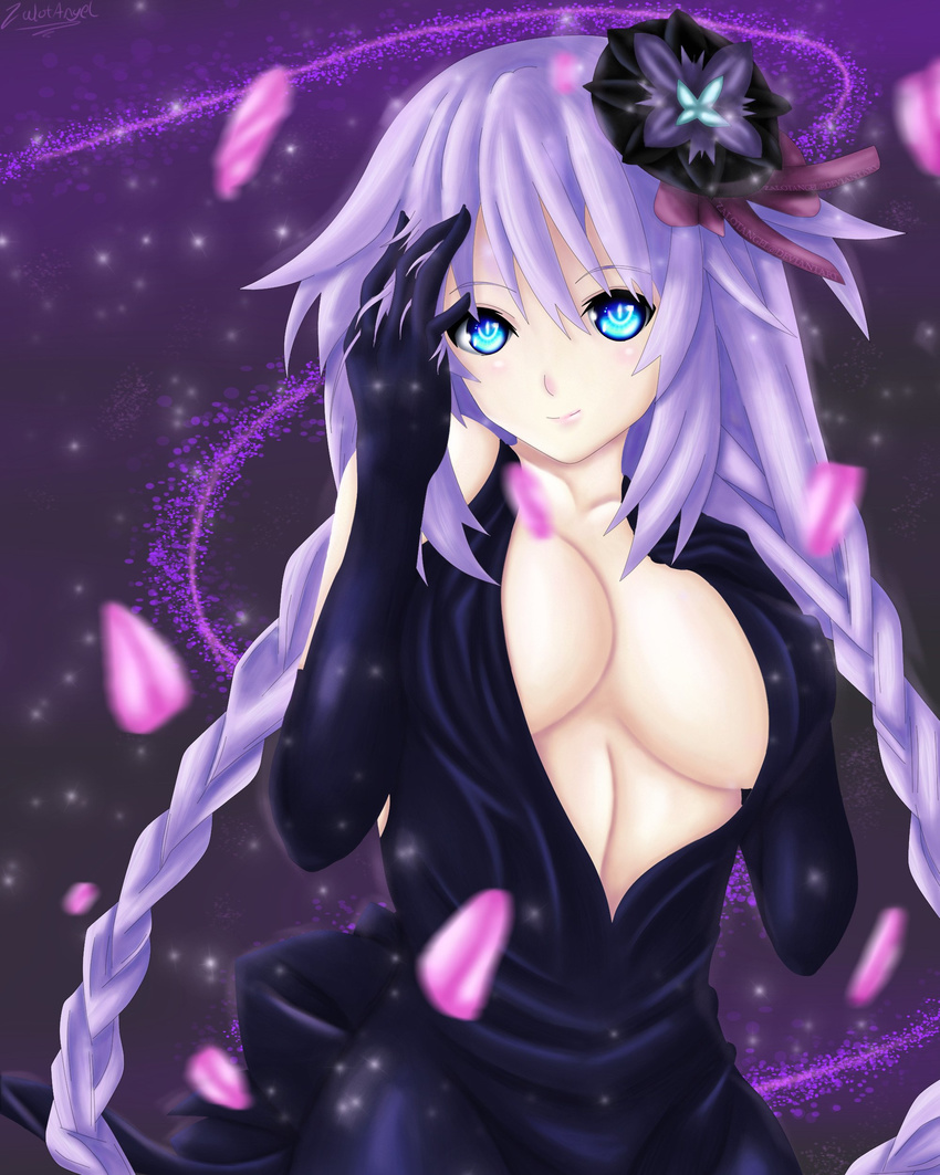 absurdres black_dress braid breasts cleavage collarbone dress elbow_gloves flower gloves hair_flower hair_ornament highres large_breasts long_hair looking_at_viewer neptune_(choujigen_game_neptune) neptune_(series) purple_hair purple_heart smile solo symbol-shaped_pupils twin_braids upper_body very_long_hair