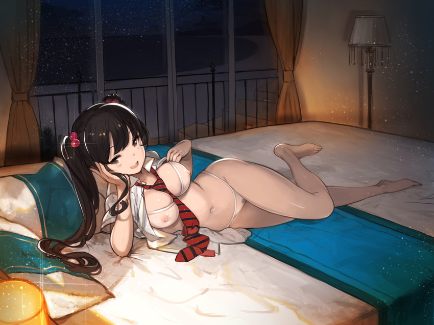 :d absurdres bare_legs barefoot between_breasts black_eyes black_hair bra breasts chin_rest error hair_bobbles hair_ornament hanarito highres indoors large_breasts light_particles long_hair looking_at_viewer lying navel necktie necktie_between_breasts night nipples non-web_source on_bed on_side open_clothes open_mouth open_shirt original panties pubic_hair see-through shirt skindentation smile solo sparkle twintails underwear white_bra white_panties wrong_feet