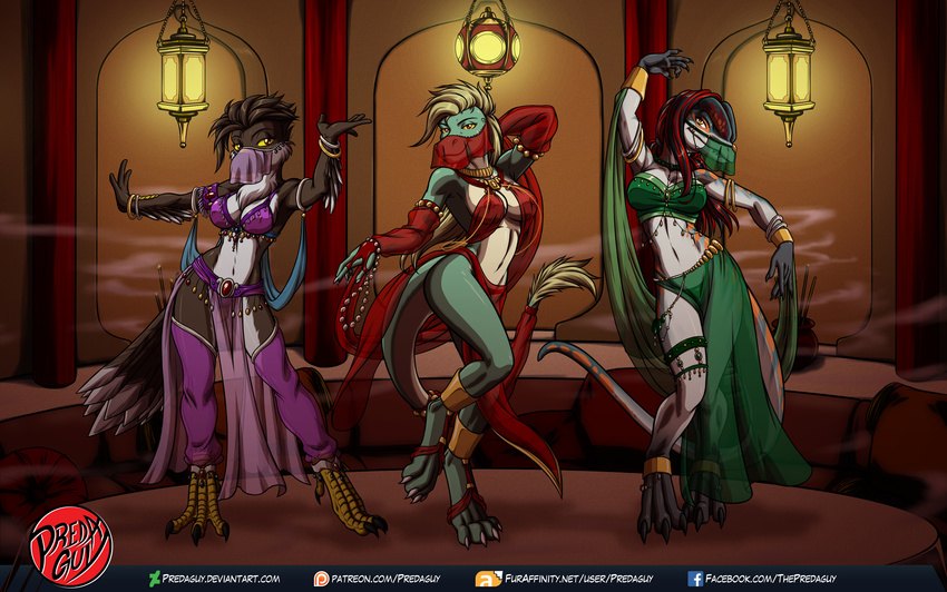 anthro avian belly_dancer bird breasts cleavage clothed clothing dancers dancing digital_media_(artwork) dilophosaurus dinosaur dragon falcon feathers female jewelry looking_at_viewer navel nipples non-mammal_breasts peregrine_falcon predaguy scalie smile theropod translucent