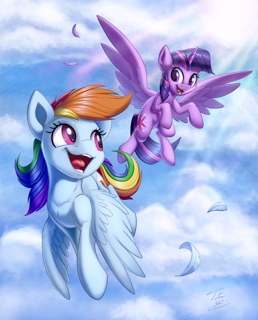 blue_feathers blue_fur cutie_mark detailed_background equine eyelashes feathered_wings feathers female feral friendship_is_magic fur hair horn mammal multicolored_hair my_little_pony open_mouth pegasus purple_eyes purple_feathers purple_fur purple_hair rainbow_dash_(mlp) rainbow_hair sky smile teeth tongue tsitra360 twilight_sparkle_(mlp) winged_unicorn wings