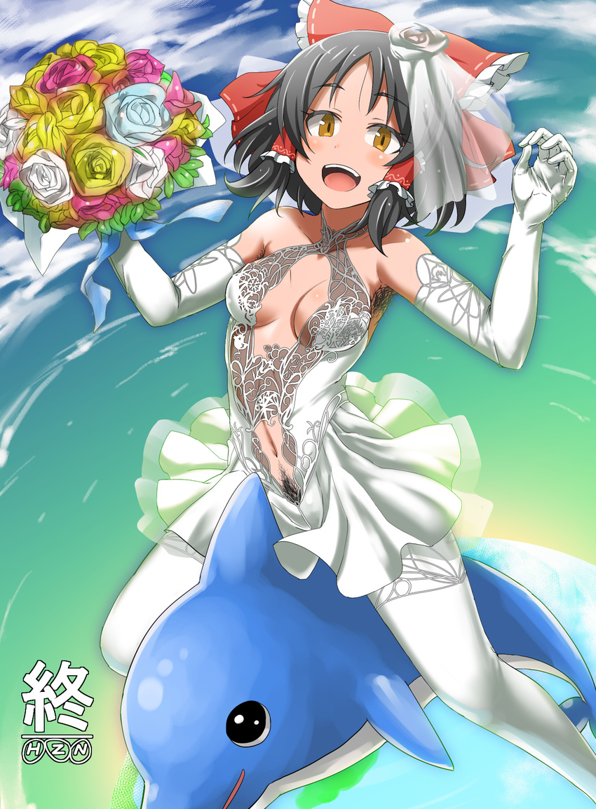 :d armpit_hair bangs bare_shoulders black_hair blush bouquet bow breasts bridal_veil center_opening collarbone commentary_request cookie_(touhou) dress elbow_gloves eyebrows_visible_through_hair flower gloves hair_bow hair_tubes hakurei_reimu highres holding holding_bouquet kairu_the_dolphin looking_at_viewer marakasutintin medium_breasts microsoft_office navel navel_hair open_mouth pantyhose red_bow riding rose sananana see-through short_hair smile touhou veil wedding_dress white_dress white_gloves white_legwear yellow_eyes