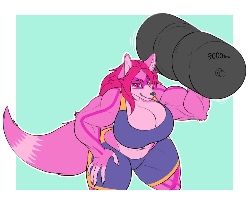 amber_hawkings biceps clothed clothing exercise female free_weight fur hair heavy_lifting heavy_weight looking_at_viewer mr.pink muscular pink_fur pink_hair solo super_strength weightlifting workout