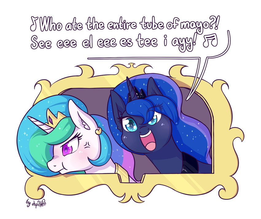 2017 alpha_channel angry blue_eyes blue_hair crown dsp2003 duo english_text equine female feral friendship_is_magic hair horn jewelry looking_at_viewer mammal multicolored_hair my_little_pony necklace princess_celestia_(mlp) princess_luna_(mlp) simple_background text transparent_background unicorn