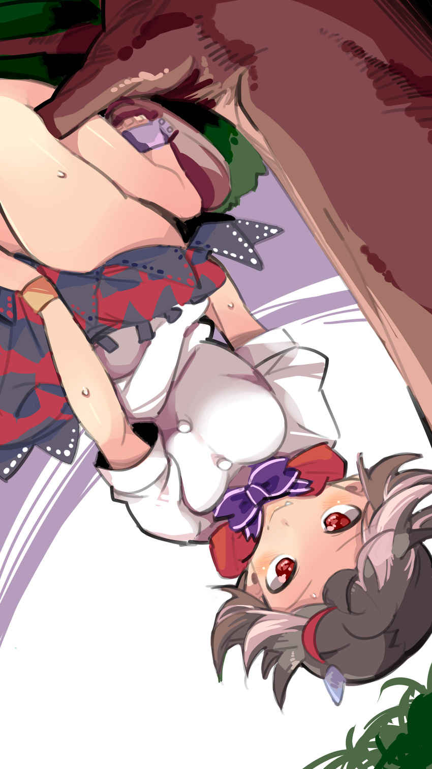 akuma black_hair blush breasts closed_mouth commentary_request dress dress_tug dutch_angle fang highres horns kijin_seija looking_at_viewer medium_breasts multicolored_hair puffy_sleeves red_eyes red_hair ribbon sandals short_hair short_sleeves silver_hair skirt skirt_tug smile solo sweat touhou tree upside-down