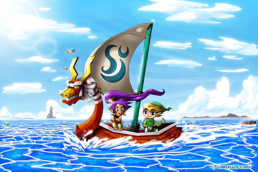 2015 avian bird blue_eyes boat breasts capcom clothing cloud crossover dark_skin female genie hair humanoid hylian king_of_red_lions linkerluis long_hair male nintendo outside pointy_ears ponytail purple_hair shantae shantae_(series) the_legend_of_zelda toon_link vehicle video_games water wayforward wind_waker