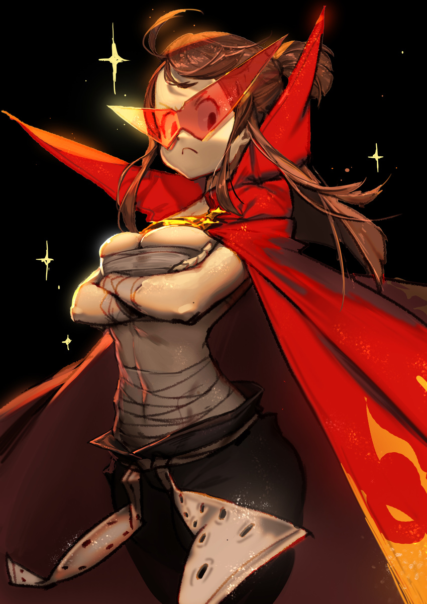 absurdres brown_hair cape cosplay creator_connection crossed_arms han-0v0 highres kagari_atsuko kamina kamina_(cosplay) kamina_shades little_witch_academia looking_at_viewer sarashi serious solo tengen_toppa_gurren_lagann