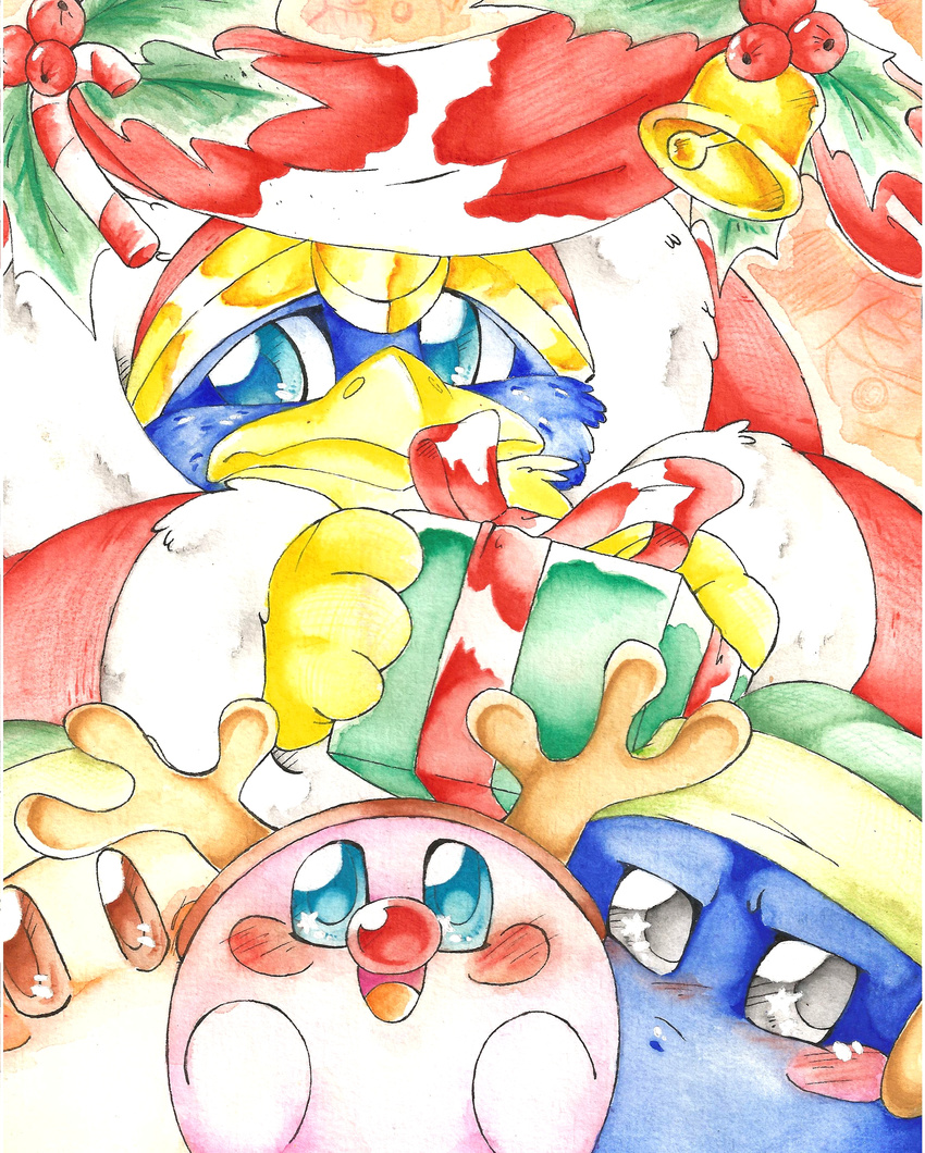 ambiguous_gender avian bell bird blue_eyes blue_feathers blue_skin blush brown_eyes brown_skin candy candy_cane christmas fake_antlers feathers food frown gift grey_eyes holidays holly_(plant) king_dedede kirby kirby_(series) male meta_knight nintendo open_mouth open_smile penguin pink_skin plant red_nose rosy_cheeks rudolf smile snow_hat star_eyes theakanemnon video_games waddle_dee