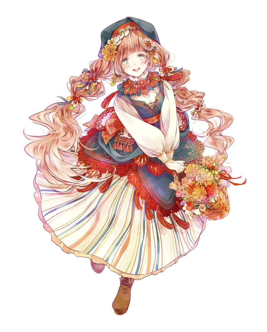 :d basket blue_eyes blush brown_footwear brown_hair dekitani dress flower full_body hair_flower hair_ornament highres long_hair marigold open_mouth original rose shoes simple_background smile solo striped striped_dress twintails very_long_hair white_background