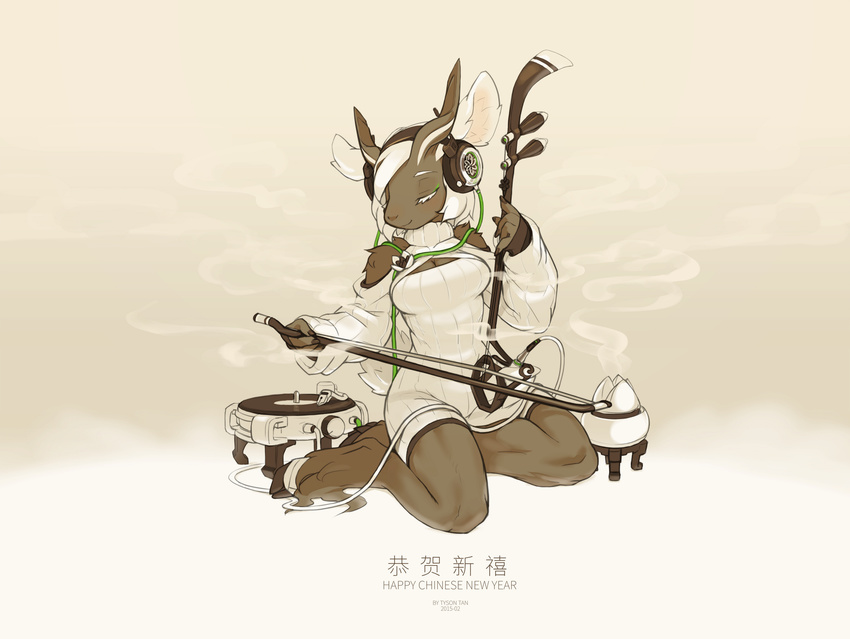2015 animal_ears artist_name bare_shoulders breasts cable chinese_new_year cleavage cleavage_cutout closed_eyes commentary digitigrade dress extvia full_body furry goat_ears goat_girl goat_tail headphones highres hooves horns instrument long_sleeves medium_breasts monochrome music original phonograph playing_instrument sepia sitting smile smoke solo spot_color sweater sweater_dress turntable white_hair yokozuwari