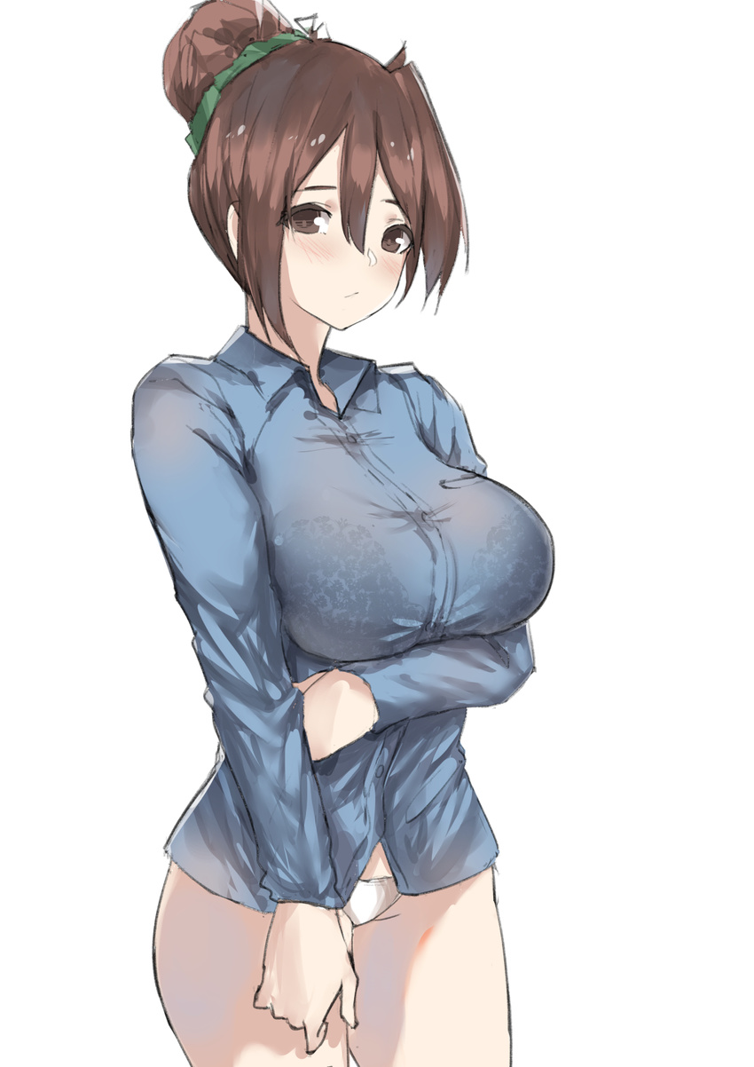 blush bra bra_through_clothes breasts brown_eyes brown_hair hair_ornament highres large_breasts looking_at_viewer no_pants norman_maggot panties sakura_quest see-through shinomiya_shiori shirt solo tied_hair underwear white_background white_panties