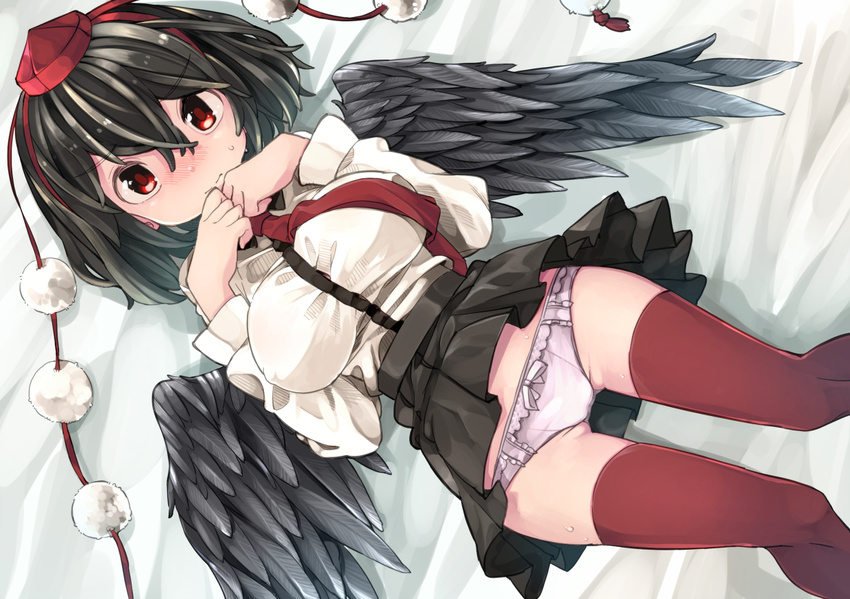 aioi_aoi black_hair black_skirt black_wings blush breasts feathered_wings hair_between_eyes hat impossible_clothes large_breasts long_sleeves looking_at_viewer lying miniskirt necktie panties pink_panties pleated_skirt pom_pom_(clothes) red_legwear red_neckwear shameimaru_aya short_hair skirt solo sweat thighhighs tokin_hat touhou underwear wings