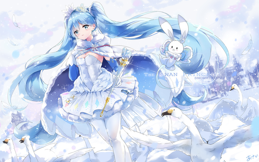 aqua_eyes aqua_hair arm_up bangs bird blush breasts bunny cape dress earrings elbow_gloves eyebrows eyebrows_visible_through_hair feathers gloves goose hatsune_miku highres holding jewelry k.syo.e+ long_hair looking_at_viewer open_mouth pantyhose petticoat revision signature sleeveless sleeveless_dress small_breasts snow snowing twintails very_long_hair vocaloid wand white_cape white_dress white_gloves white_legwear yuki_miku yukine_(vocaloid)