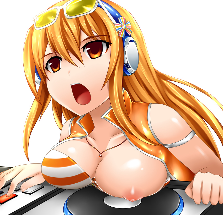 beatmania beatmania_iidx blazer blonde_hair breast_slip breasts cleavage gameplay_mechanics glasses headphones highres jacket jewelry large_breasts long_hair necklace nipples one_breast_out open_mouth phonograph puffy_nipples ribbon solo sunglasses turntable umegiri_iroha yellow_eyes yoshimo