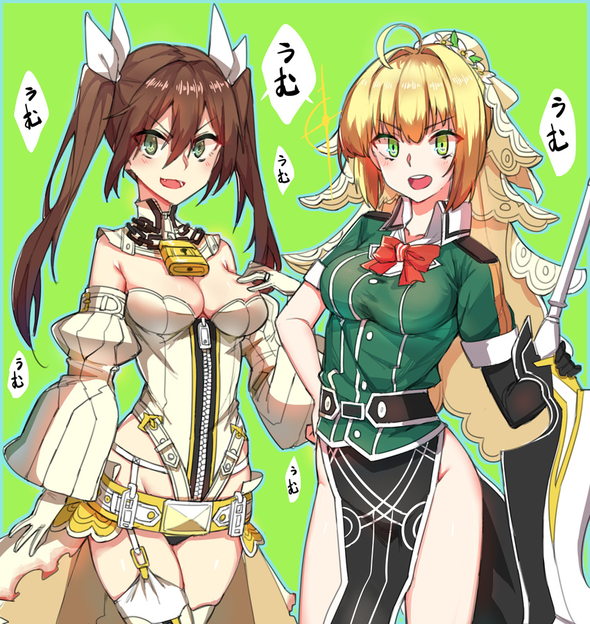 :d absurdres belt blonde_hair breasts brown_hair cleavage cosplay costume_switch detached_sleeves fate/extra fate/extra_ccc fate_(series) gloves green_eyes groin highres holding holding_sword holding_weapon kantai_collection leotard lock long_hair looking_at_viewer medium_breasts multiple_girls nero_claudius_(bride)_(fate) nero_claudius_(bride)_(fate)_(cosplay) nero_claudius_(fate)_(all) open_mouth pelvic_curtain smile sword tears tone_(kantai_collection) tone_(kantai_collection)_(cosplay) weapon white_gloves white_sleeves wulazula